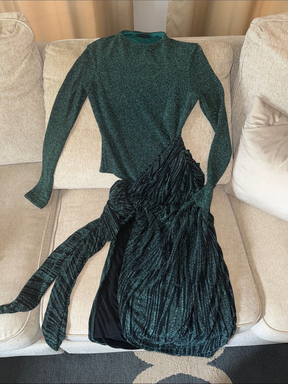 Emerald Green Long-Sleeve Evening Dress. High slit/side-tie skirt attached